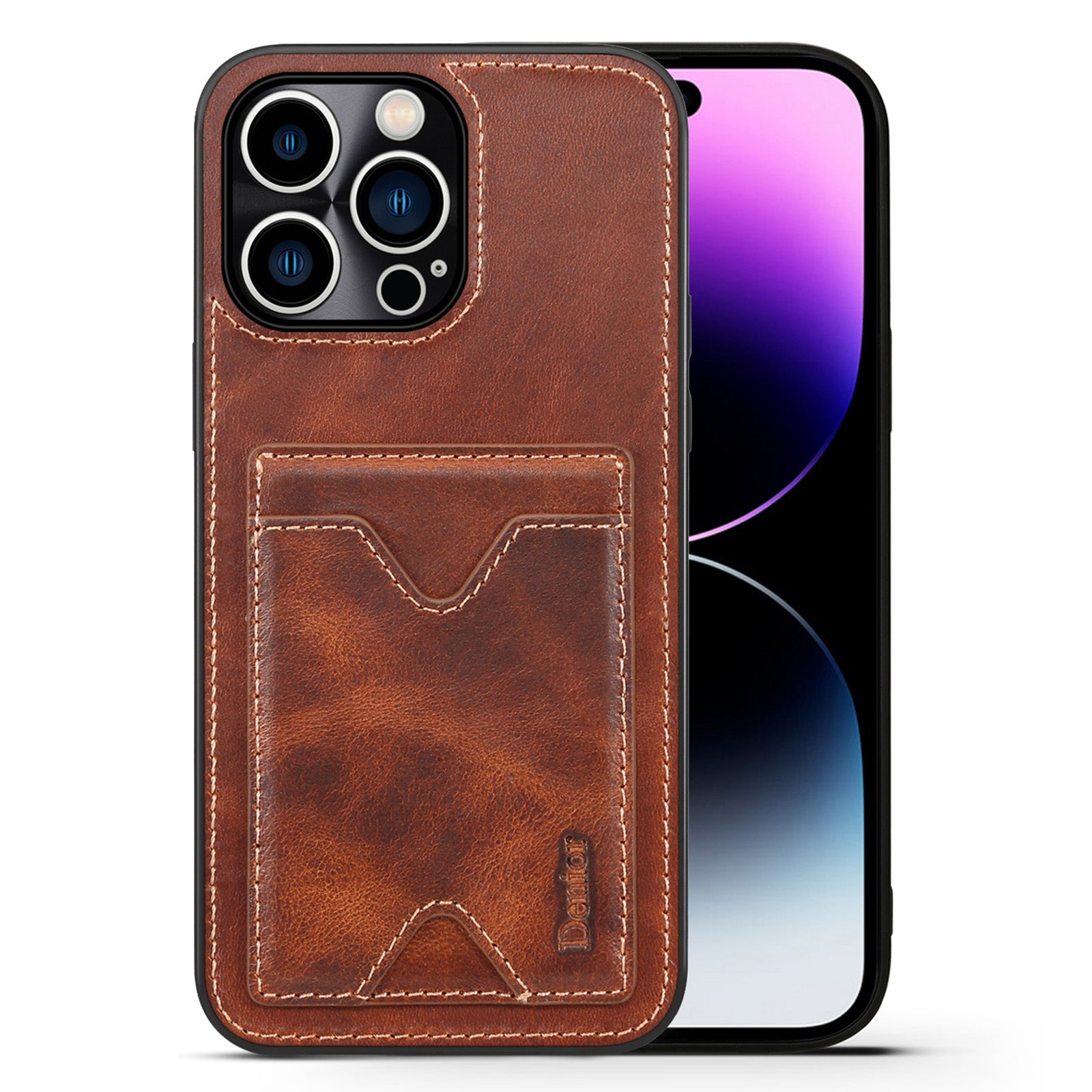 DENIOR Cowhide Leather TPU Case for iPhone 14 Pro Max Shockproof Phone Cover with Card Holder Kickstand DENIOR Cowhide Leather TPU Case for iPhone 14 Pro Max Shockproof Phone Cover with Card Holder Kickstand
